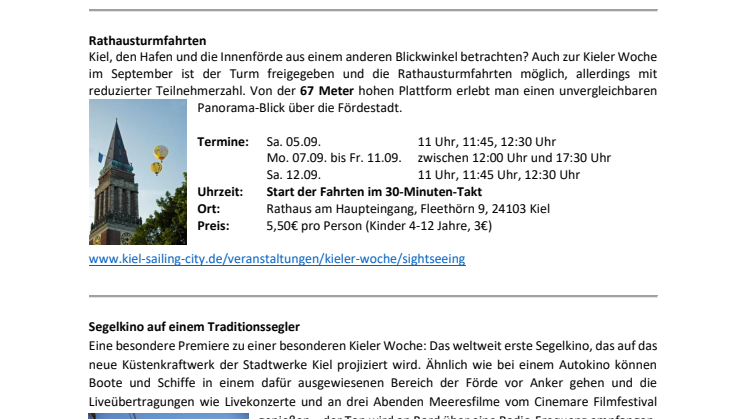Kieler Woche Angebote - Schiffstörns, Schnuppersegeln, Rundflüge, Turmfahrten, Livemusik oder Segelkino