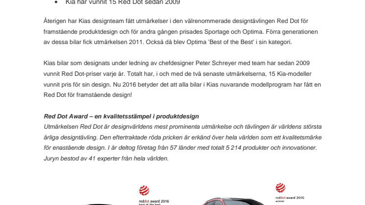 Red Dot designpris till nya Kia Sportage och nya Optima – igen!