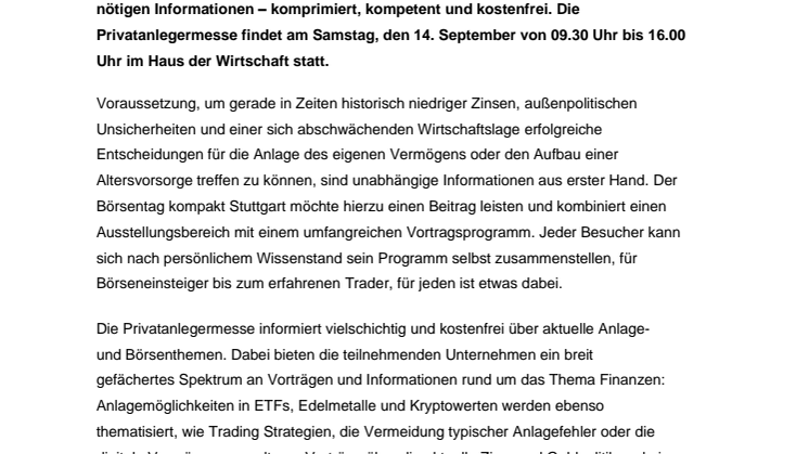 Investiert sein lohnt sich -  Börsentag kompakt Stuttgart am 14.09.2019
