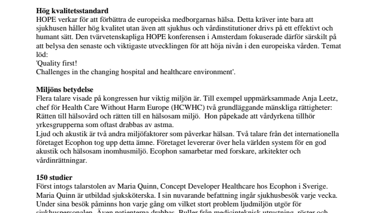 Minska ljudnivåerna på sjukhus - den största utmaningen för hälso- och sjukvården i Europa