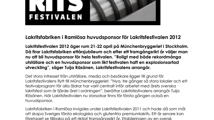 Lakritsfabriken i Ramlösa huvudsponsor för Lakritsfestivalen 2012