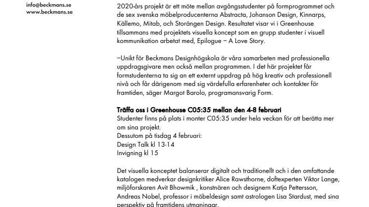 Pressmeddelande - Beckmans Design Collaboration 2020