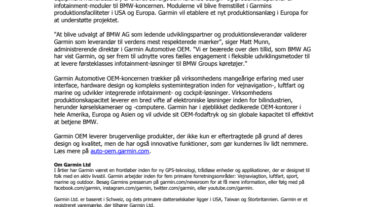 Garmin® udvalgt til at designe og fremstille  infotainment-moduler til bil producent
