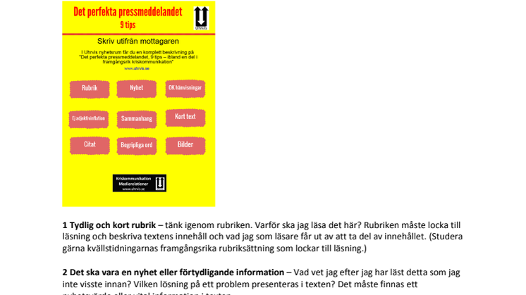 Det perfekta pressmeddelandet, 9 tips – ibland en del i framgångsrik kriskommunikation