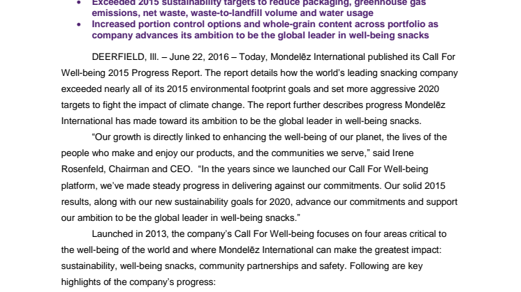 Mondelēz International Reports Solid Progress  toward its Call For Well-being Targets