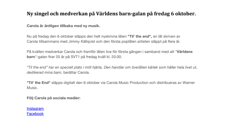 Carola släpper ny singel och medverkar på Världens barn-galan ikväll  fredag 6 oktober.