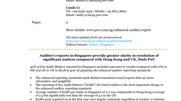 Auditor's reports in Singapore provide greater clarity in resolution of significant matters compared with Hong Kong and UK, finds PwC