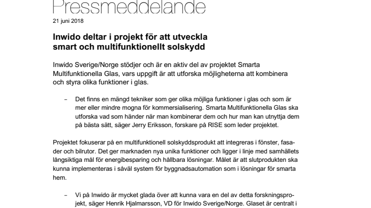 Inwido deltar i projekt för att utveckla smart och multifunktionellt solskydd 