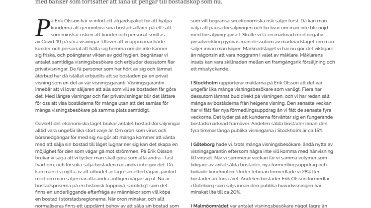 Erik Olsson Fastighetsförmedling kommenterar bostadsmarknaden 19 mars 2020