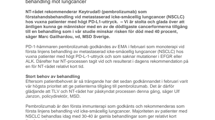 Keytruda® (pembrolizumab) rekommenderas som första linjens behandling mot lungcancer 