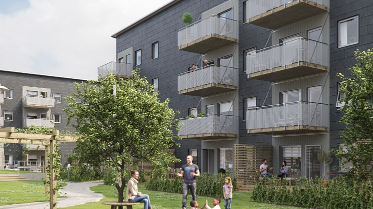 Illustration av trädgårdssida med balkonger, altaner och gemensamma grönytor i BoKlok Aroma, Drottninghög, Helsingborg.