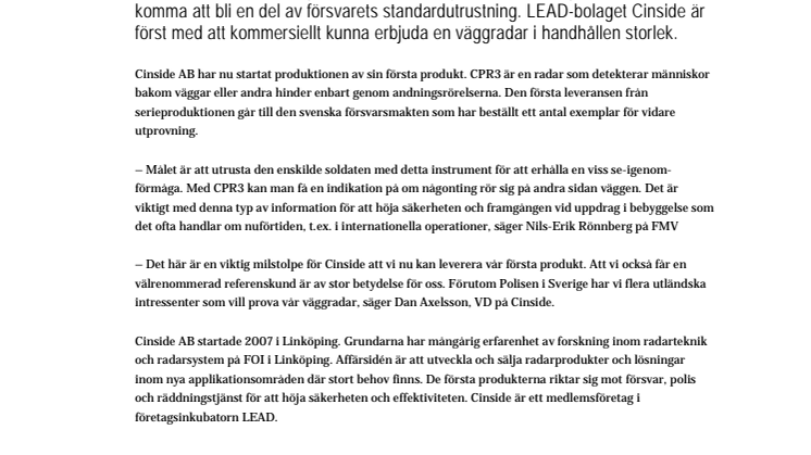 Försvarsmakten köper Cinsides nya handhållna väggradar