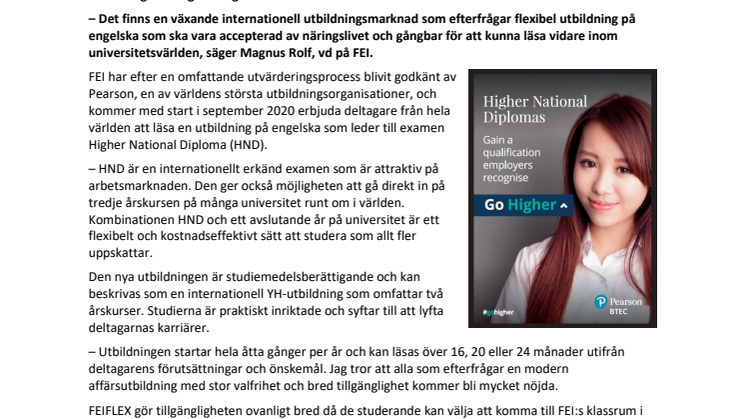 FEI godkänns av Pearson – lanserar ny internationell affärsutbildning