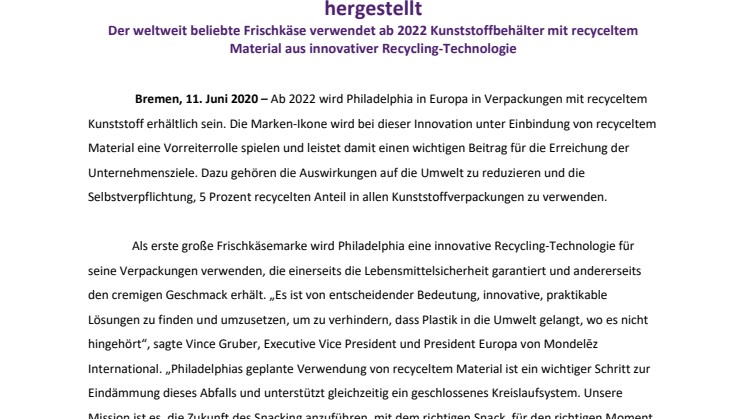 Verpackungsinnovation bei Mondelēz International: Philadelphia Becher wird künftig mit recyceltem Kunststoff hergestellt