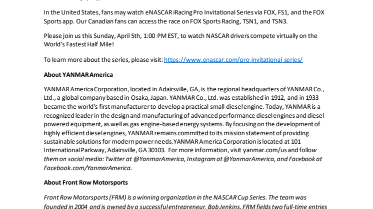 Yanmar Participates in eNASCAR iRacing Pro Invitational Series