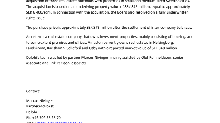 Delphi advisor when Amasten Holding AB (publ) acquires three real estate portfolios and implements an underwritten rights issue
