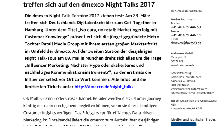 Von der Elbe bis zur Isar: Digitalentscheider treffen sich auf den dmexco Night Talks 2017