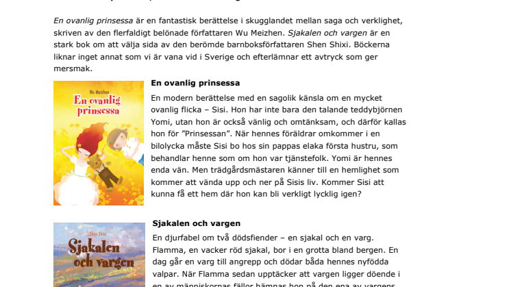 Gemensam utgivning i åtta länder samtidigt: Egmont ger för första gången ut två barnböcker från Kina