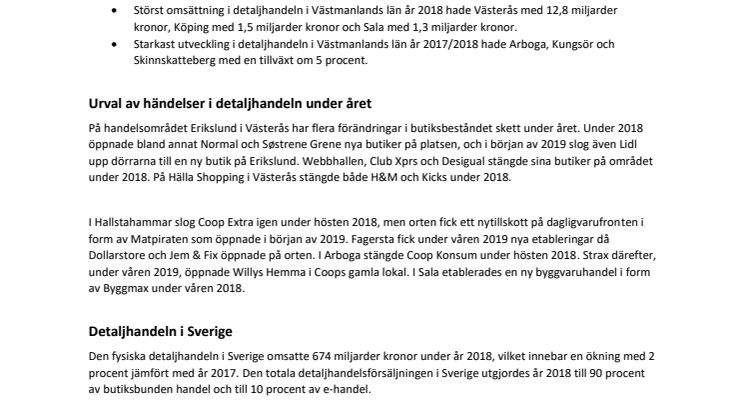 Detaljhandeln i Västmanlands län omsätter 18,2 miljarder kronor 