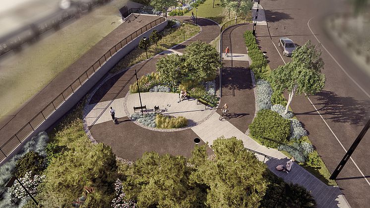 Illustration över gång- och cykelvägen som ska gå ner till tunneln mot museet och Kronoskogen. 