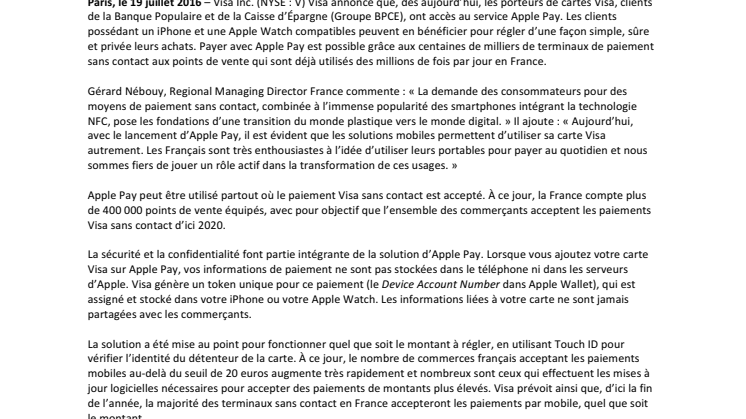 Apple Pay est désormais disponible pour des millions de Français détenteurs d’une carte Visa