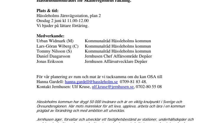 Hässleholms kommun och Jernhusen inbjuder till pressträff den 2 juni om järnvägar och infrastruktur i Skåneregionen