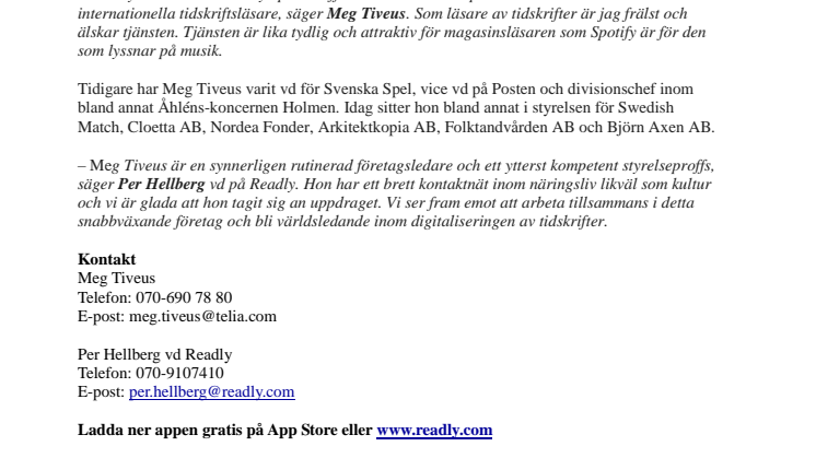 Meg Tiveus ny styrelseordförande i Readly