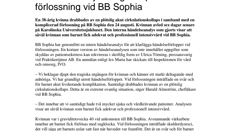 Händelseanalys kring komplicerad förlossning vid BB Sophia