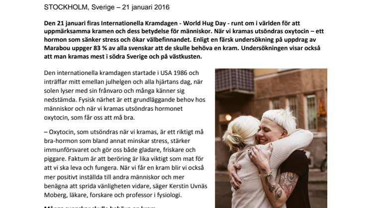 83 % av alla svenskar skulle behöva en kram