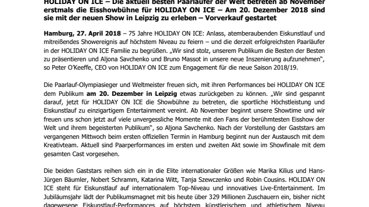 Paarlauf-Olympiasieger und Weltmeister Aljona Savchenko und Bruno Massot am 20. Dezember 2018 mit HOLIDAY ON ICE in Leipzig 