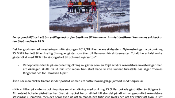 Gondolen lockar rekordmånga gäster till Hemavan