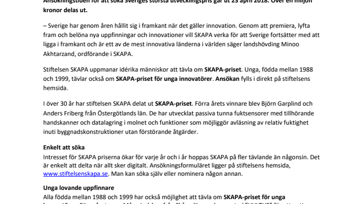 SKAPA söker 2018 års bästa uppfinnare och innovatör 