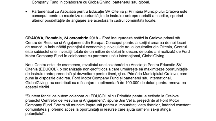 Ford inaugurează la Craiova primul Centru de Resurse și Angajament din Europa