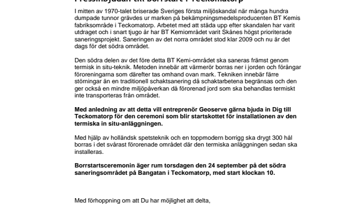Pressinbjudan: Borrstart vid BT Kemi-saneringen i Teckomatorp