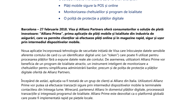 Allianz și Visa lansează o aplicație de plăți mobile și loialitate