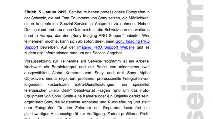​Der „Sony Imaging PRO Support“ ist in der Schweiz gestartet