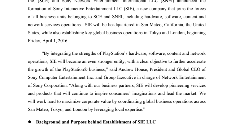 ​Sony Computer Entertainment och Sony Network Entertainment bildar Sony Interactive Entertainment LLC