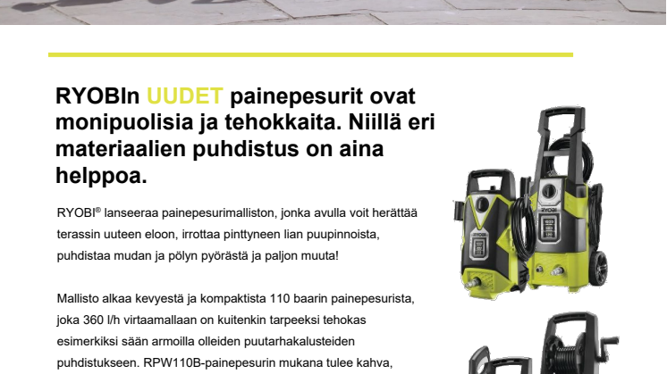 RYOBI® lanseeraa painepesurimalliston