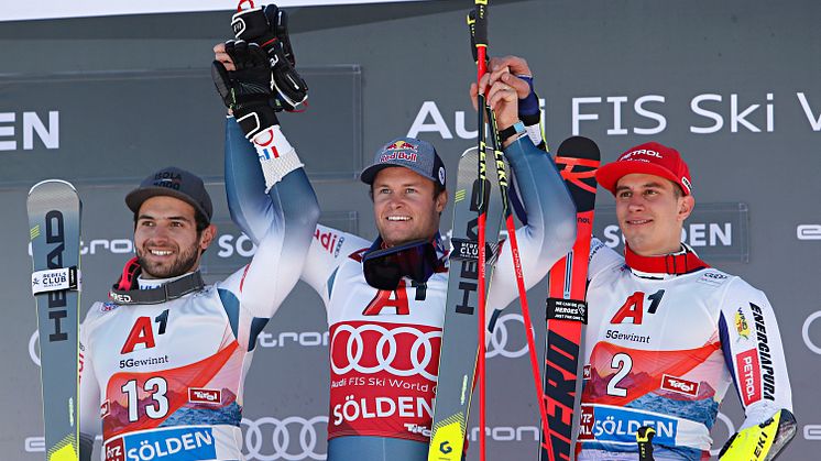 Mathieu Faivre (2. Platz), Alexis Pinturault (1. Platz), Zan Kranjec (3. Platz)
