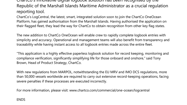ChartCo’s  LogCentral application receives Marshall Islands flag state authorisation