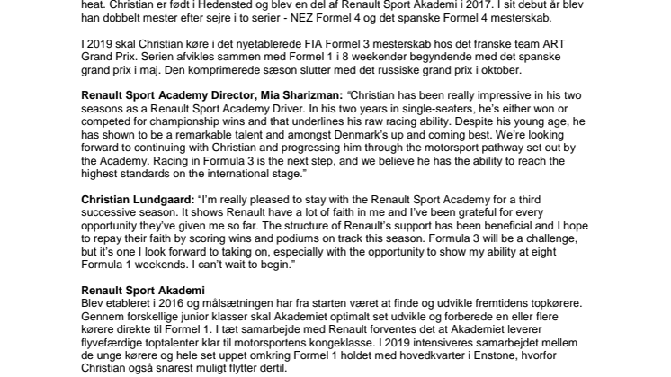 Christian Lundgaard fortsætter hos Renault Sport Academy og nærmer sig toppen af international motorsport