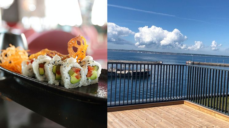 Riksbyggens specialkomponerade sushi och den magiska utsikten från terrassen på Brf Oceankajen.