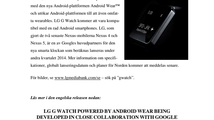 LG G WATCH MED NYA ANDROID WEAR™ UTVECKLAS I NÄRA SAMARBETE MED GOOGLE