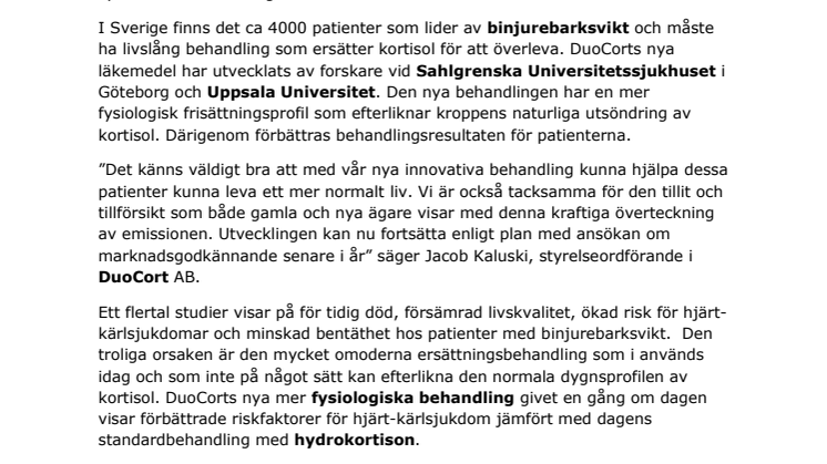 DuoCort tar in drygt 18 miljoner för fortsatt utveckling av sin orphan drug