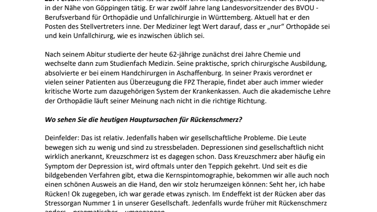 Reinhard Deinfelder, Facharzt für Orthopädie, Sportmedizin und Chirotherapie im Interview
