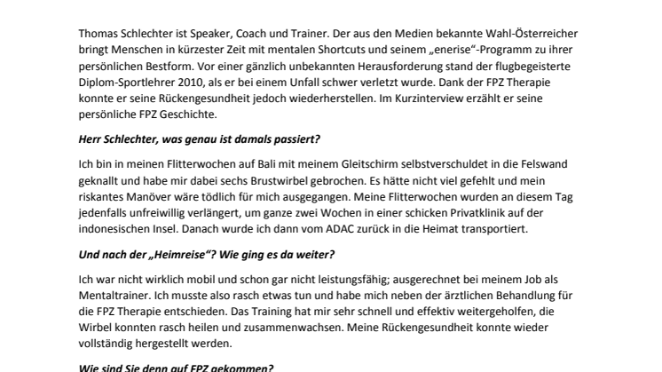 Mentaltrainer Thomas Schlechter im Interview: „Mit FPZ kam ich nach meinem schweren Unfall wieder auf die Beine.“