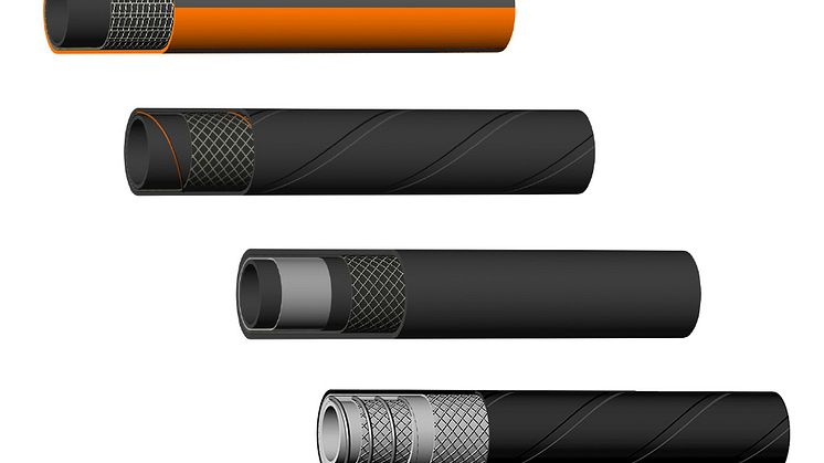 Från översta slangen och ner: Hydroscand Garden, Bulkslang 7 bar, Biobränsleslang, Aircomp Kompressorslang 240˚