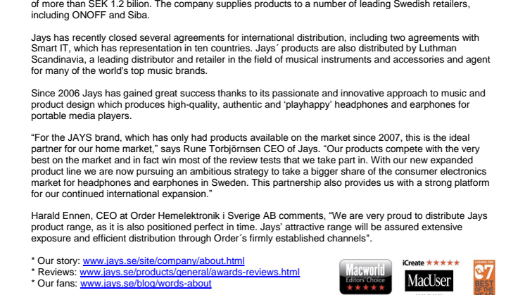 Jays signs distribution agreement for Sweden with Order Hemelektronik