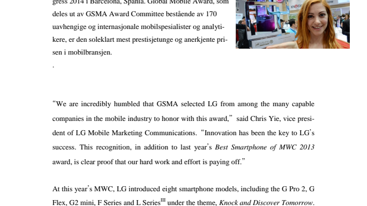 LG FÅR PRIS FOR MEST INNOVATIVE SELSKAP  UNDER MWC 2014