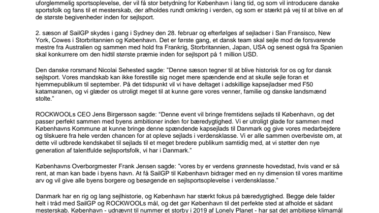 København skal være vært for ROCKWOOL København SailGP i september